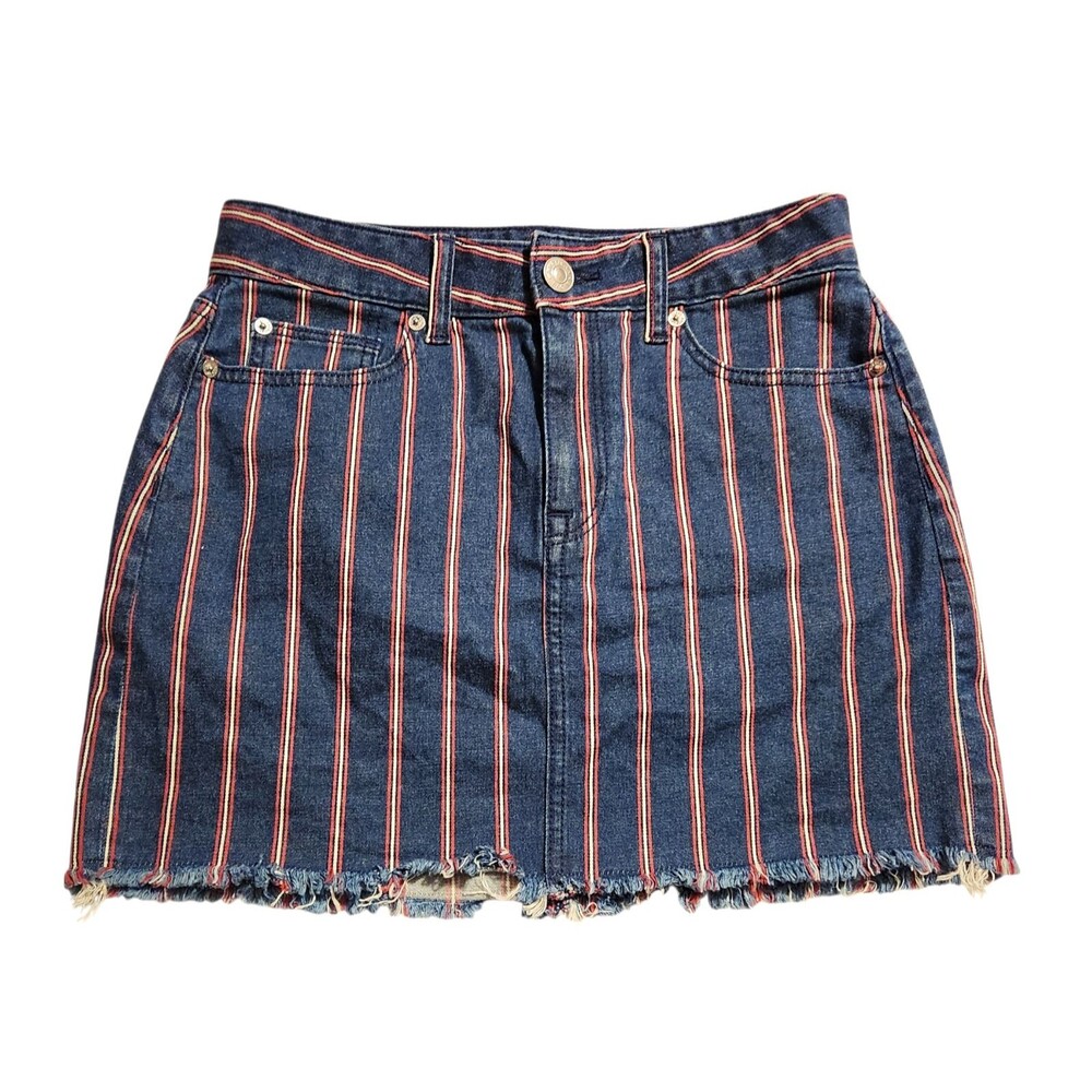 American Eagle Denim Mini Skirt High Rise Frayed Hem Blue Red Stripe Size 4